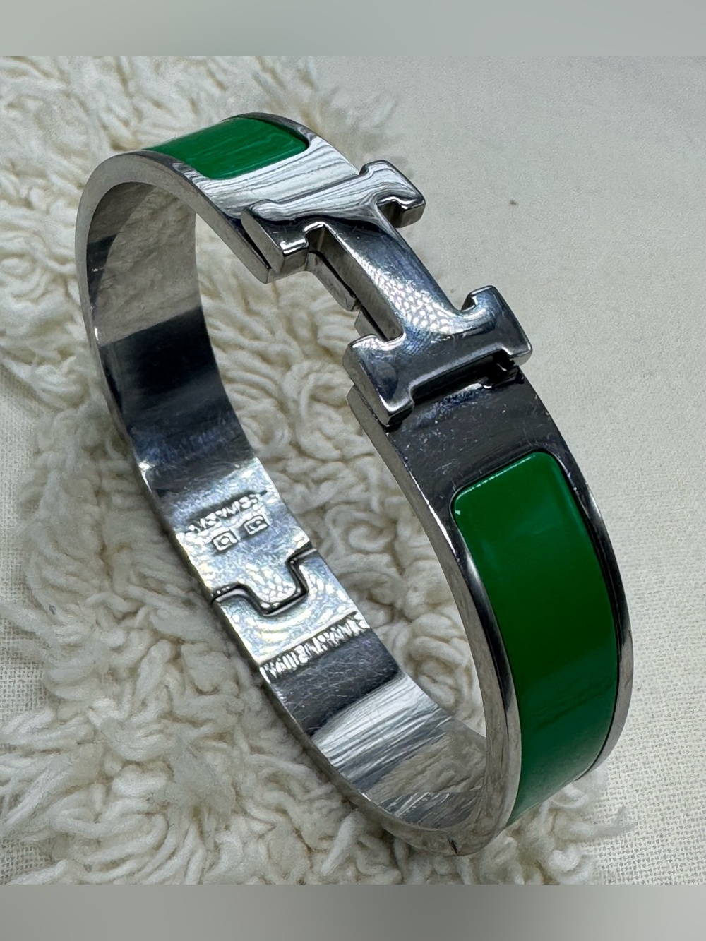 Green Enamel Stainless Steel Hinged Bangle Bracelet
